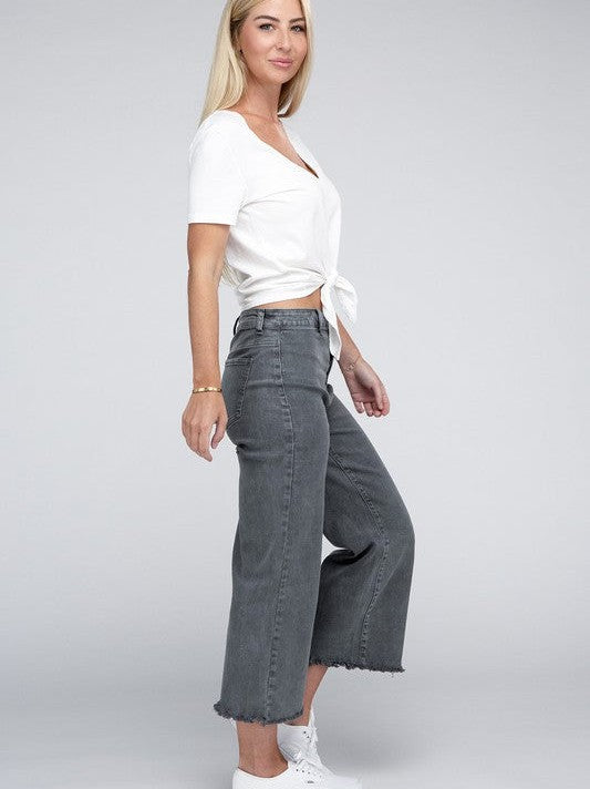 Modern Edge Acid Washed High Waist Cropped Denim Pants with Frayed Hem-Women's Clothing-Shop Z & Joxa