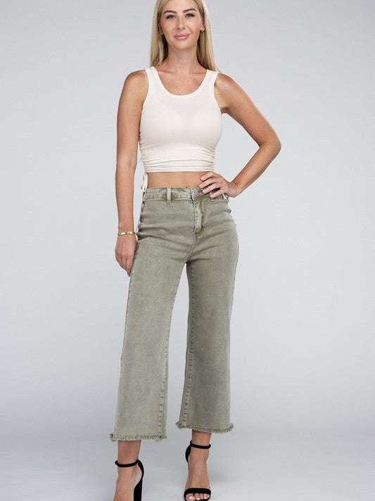 Modern Edge Acid Washed High Waist Cropped Denim Pants with Frayed Hem-Women's Clothing-Shop Z & Joxa