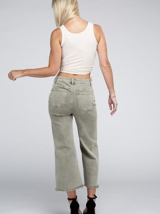 Modern Edge Acid Washed High Waist Cropped Denim Pants with Frayed Hem-Women's Clothing-Shop Z & Joxa