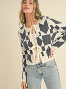 Modern Romance Charcoal Geometric Bow Front Sweater Cardigan-Women's Shirts & Tops-Shop Z & Joxa