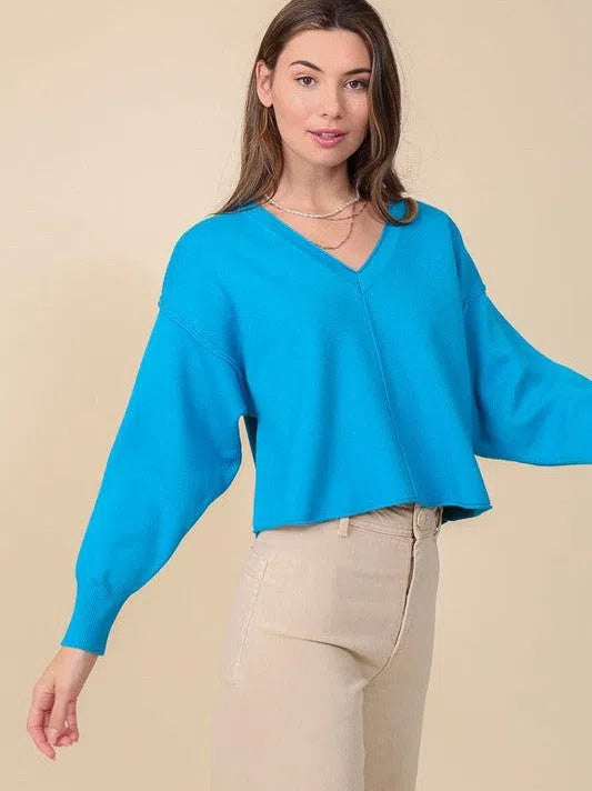 Modern Twist Drop Shoulder V-Neck Sweater-Women's Clothing-Shop Z & Joxa