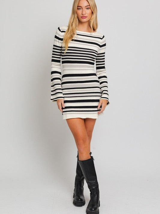 More Stripes Please Sweater Dress with Bell Sleeves-Women's Clothing-Shop Z & Joxa