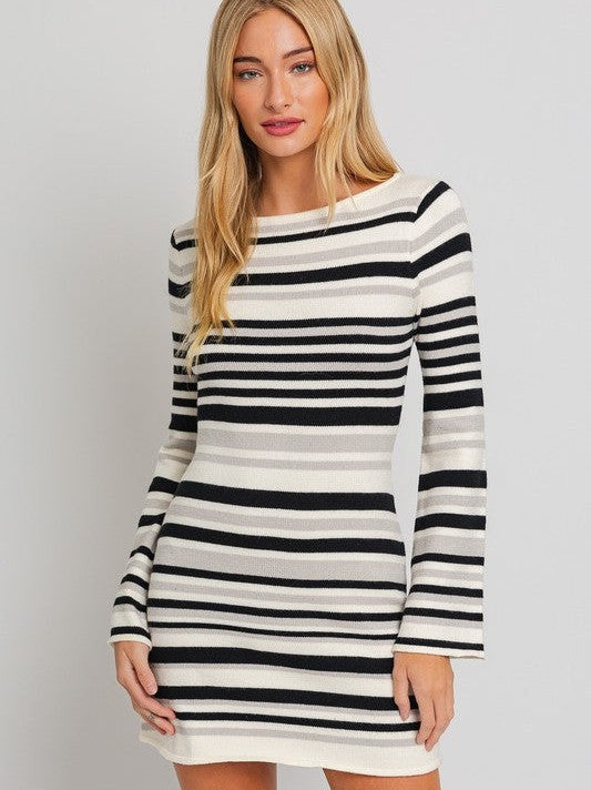 More Stripes Please Sweater Dress with Bell Sleeves-Women's Clothing-Shop Z & Joxa