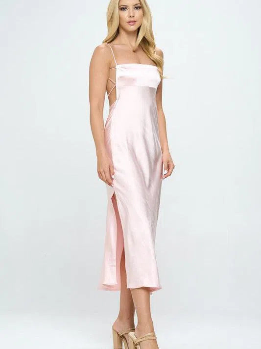 Must Have Square Neck Sleeveless Satin Midi Dress with Tie Open Back-Women's Dresses-Shop Z & Joxa