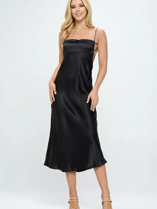 Must Have Square Neck Sleeveless Satin Midi Dress with Tie Open Back-Women's Dresses-Shop Z & Joxa