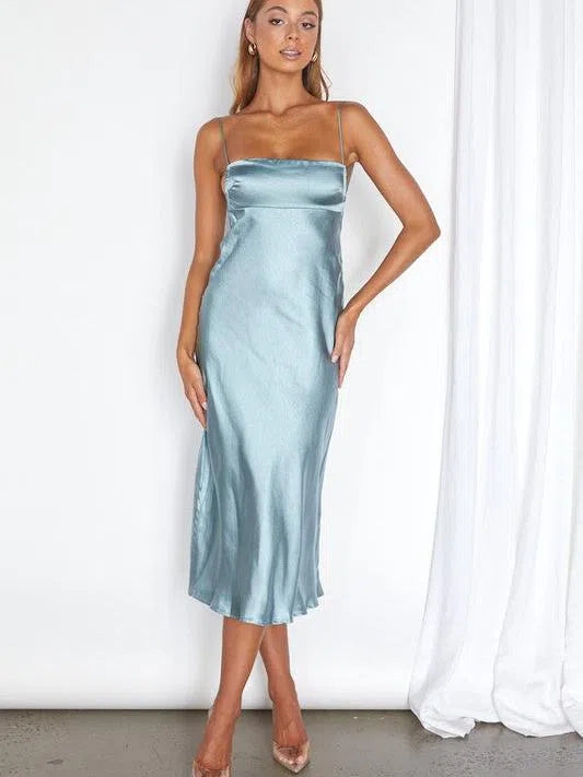 Must Have Square Neck Sleeveless Satin Midi Dress with Tie Open Back-Women's Dresses-Shop Z & Joxa