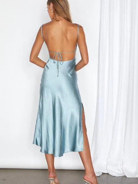 Must Have Square Neck Sleeveless Satin Midi Dress with Tie Open Back-Women's Dresses-Shop Z & Joxa