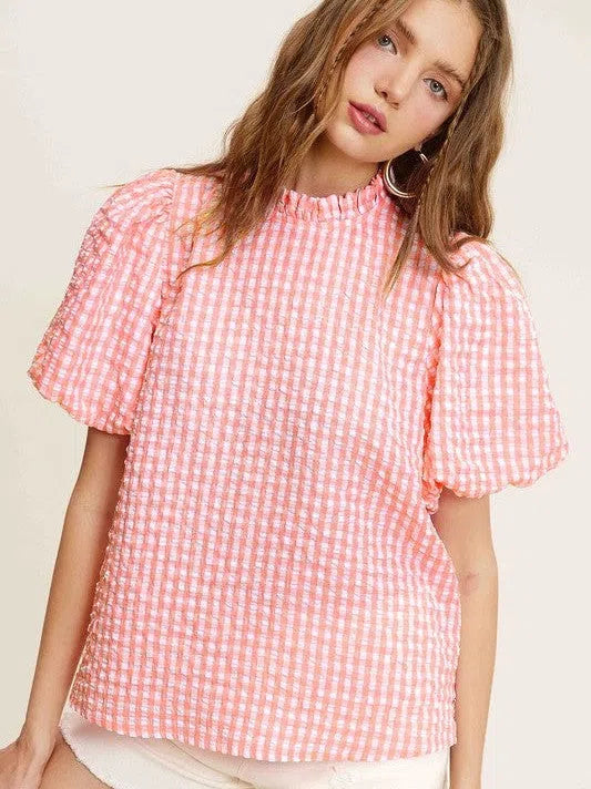 Naturally Flawless Gingham Check Print Puff Sleeve Top-Women's Clothing-Shop Z & Joxa