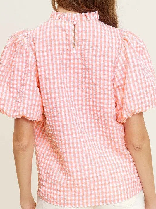 Naturally Flawless Gingham Check Print Puff Sleeve Top-Women's Clothing-Shop Z & Joxa