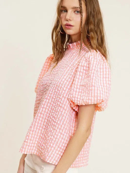 Naturally Flawless Gingham Check Print Puff Sleeve Top-Women's Clothing-Shop Z & Joxa