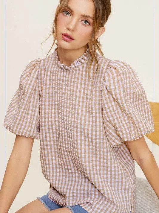 Naturally Flawless Gingham Check Print Puff Sleeve Top-Women's Clothing-Shop Z & Joxa