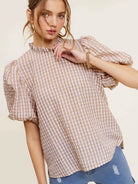 Naturally Flawless Gingham Check Print Puff Sleeve Top-Women's Clothing-Shop Z & Joxa