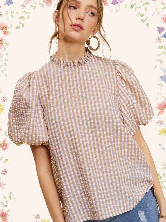 Naturally Flawless Gingham Check Print Puff Sleeve Top-Women's Clothing-Shop Z & Joxa