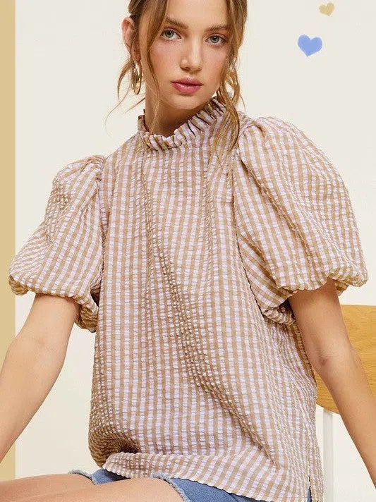 Naturally Flawless Gingham Check Print Puff Sleeve Top-Women's Clothing-Shop Z & Joxa