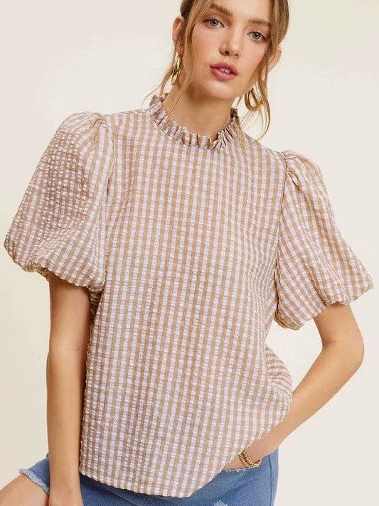 Naturally Flawless Gingham Check Print Puff Sleeve Top-Women's Clothing-Shop Z & Joxa