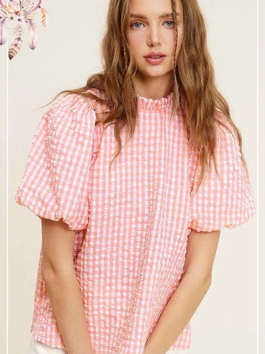 Naturally Flawless Gingham Check Print Puff Sleeve Top-Women's Clothing-Shop Z & Joxa