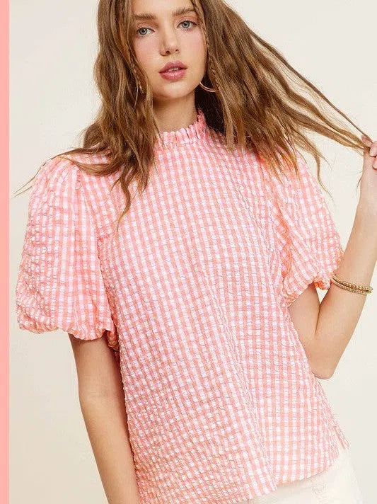 Naturally Flawless Gingham Check Print Puff Sleeve Top-Women's Clothing-Shop Z & Joxa