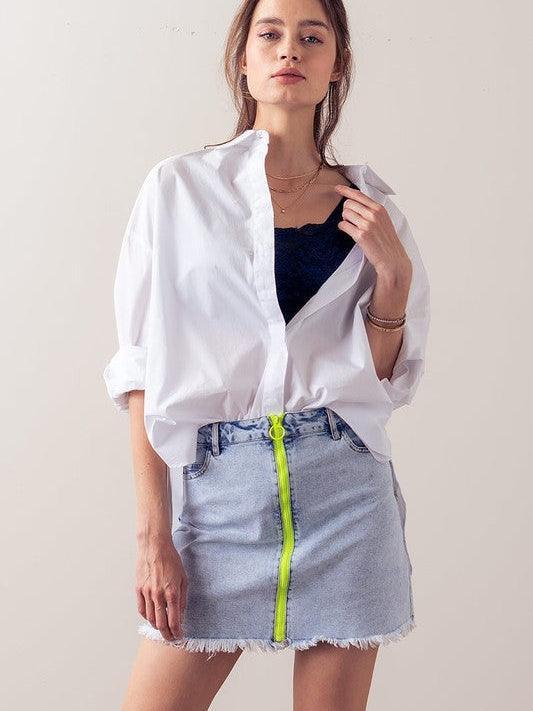 Neon Dream Front Zip Mini Denim Skirt-Women's Clothing-Shop Z & Joxa