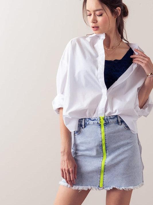 Neon Dream Front Zip Mini Denim Skirt-Women's Clothing-Shop Z & Joxa