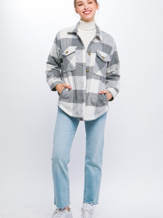 Never Enough Plaid Button Down Plaid Shacket with Front Pocket Detail-Women's Clothing-Shop Z & Joxa