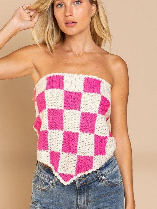 Not Just a Knockout Checkerboard Tie-back Bandana Sweater-Women's Clothing-Shop Z & Joxa