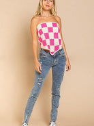 Not Just a Knockout Checkerboard Tie-back Bandana Sweater-Women's Clothing-Shop Z & Joxa