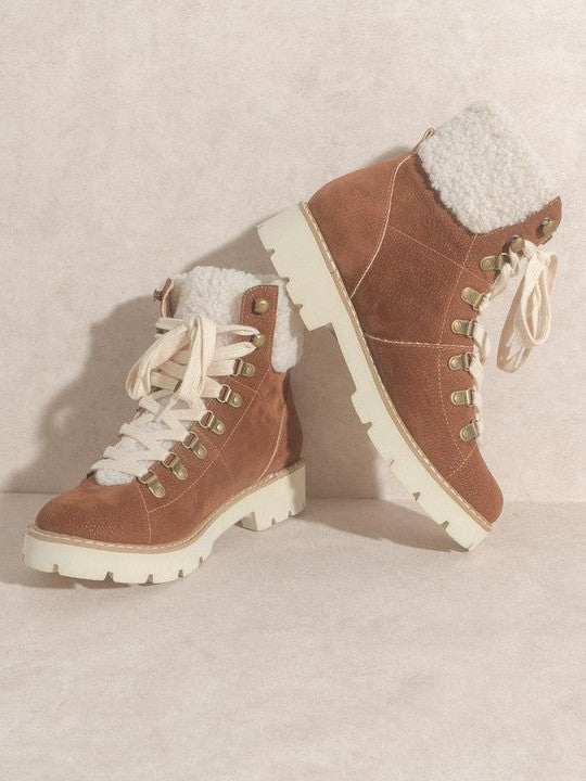 Oasis Society Aaliyah | Lace Up Winter Ankle Bootie with Sherpa Lining-Women's Shoes-Shop Z & Joxa