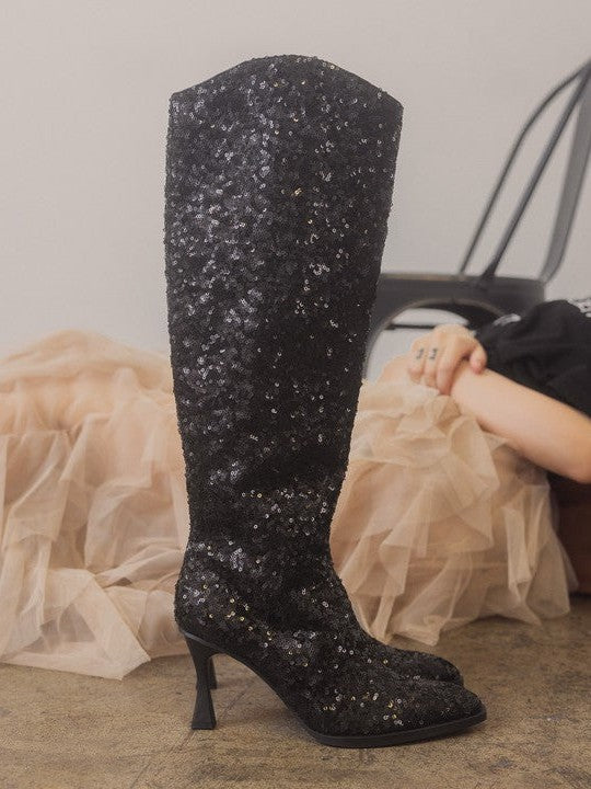 Oasis Society Don't be Afraid to Sparkle - Knee High Sequin Black Boots-Women's Shoes-Shop Z & Joxa