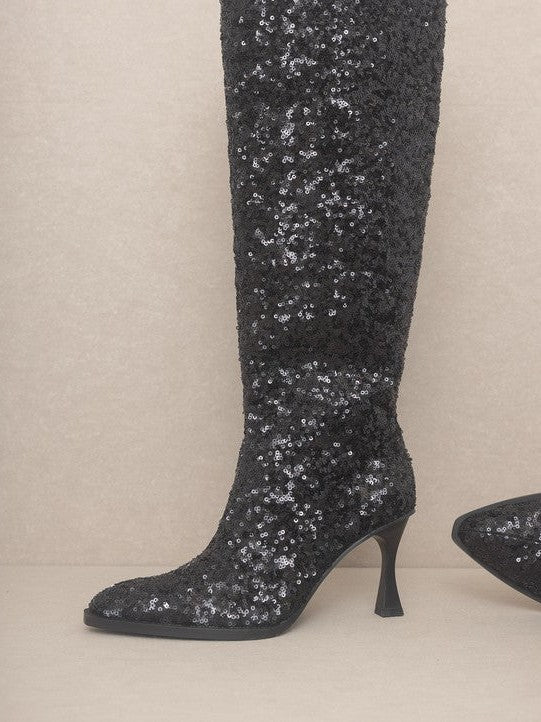 Oasis Society Don't be Afraid to Sparkle - Knee High Sequin Black Boots-Women's Shoes-Shop Z & Joxa
