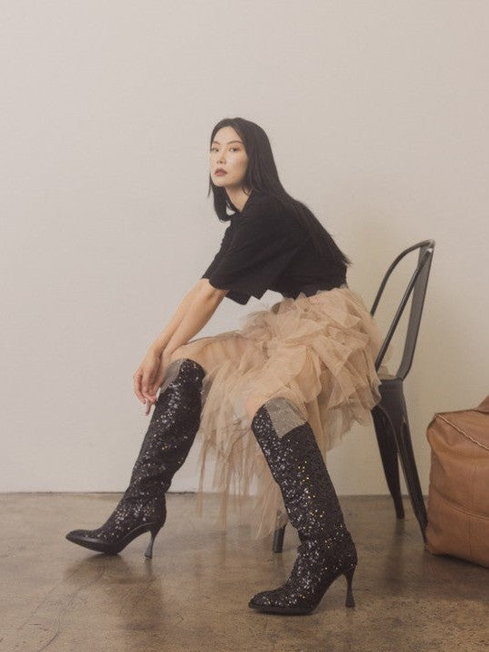 Oasis Society Don't be Afraid to Sparkle - Knee High Sequin Black Boots-Women's Shoes-Shop Z & Joxa