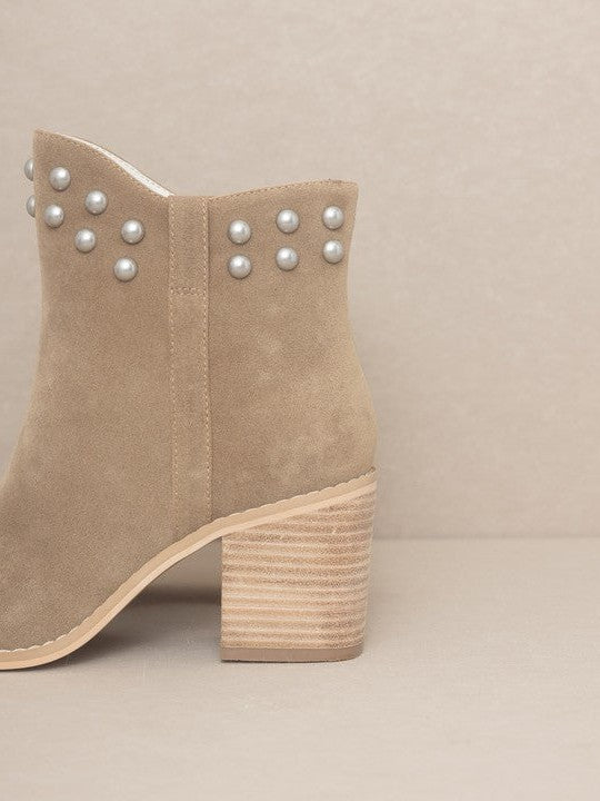 Oasis Society Taupe and Pearls Alofi - Pearl Collar Booties-Women's Shoes-Shop Z & Joxa