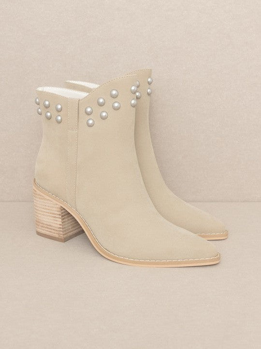 Oasis Society Taupe and Pearls Alofi - Pearl Collar Booties-Women's Shoes-Shop Z & Joxa