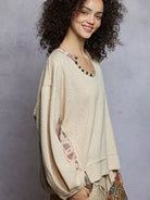 POL Almond Bloom Oversized Sweater Top with Floral Trim-Women's Shirts & Tops-Shop Z & Joxa