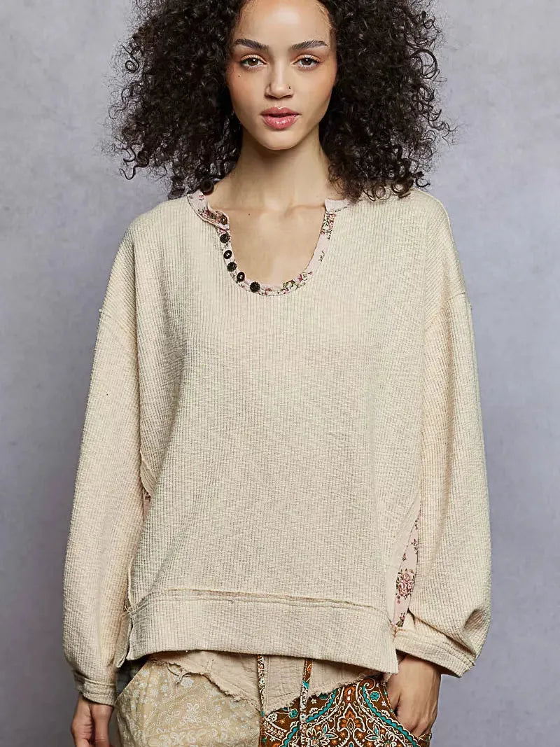 POL Almond Bloom Oversized Sweater Top with Floral Trim-Women's Shirts & Tops-Shop Z & Joxa