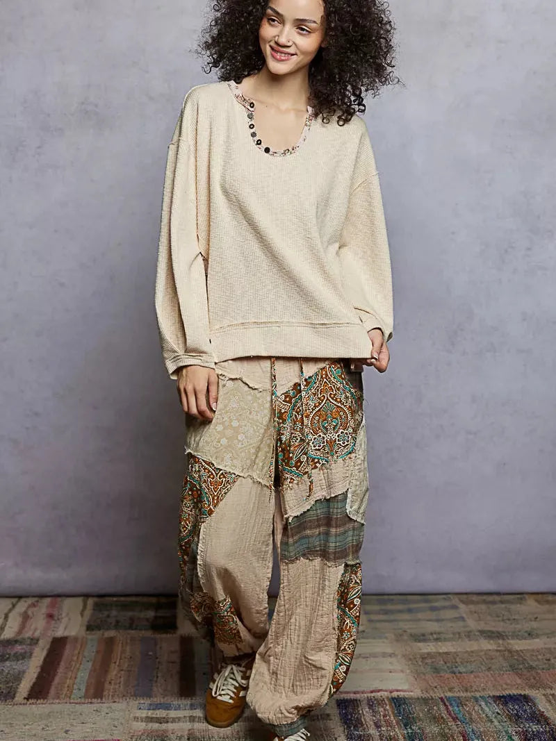 POL Almond Bloom Oversized Sweater Top with Floral Trim-Women's Shirts & Tops-Shop Z & Joxa