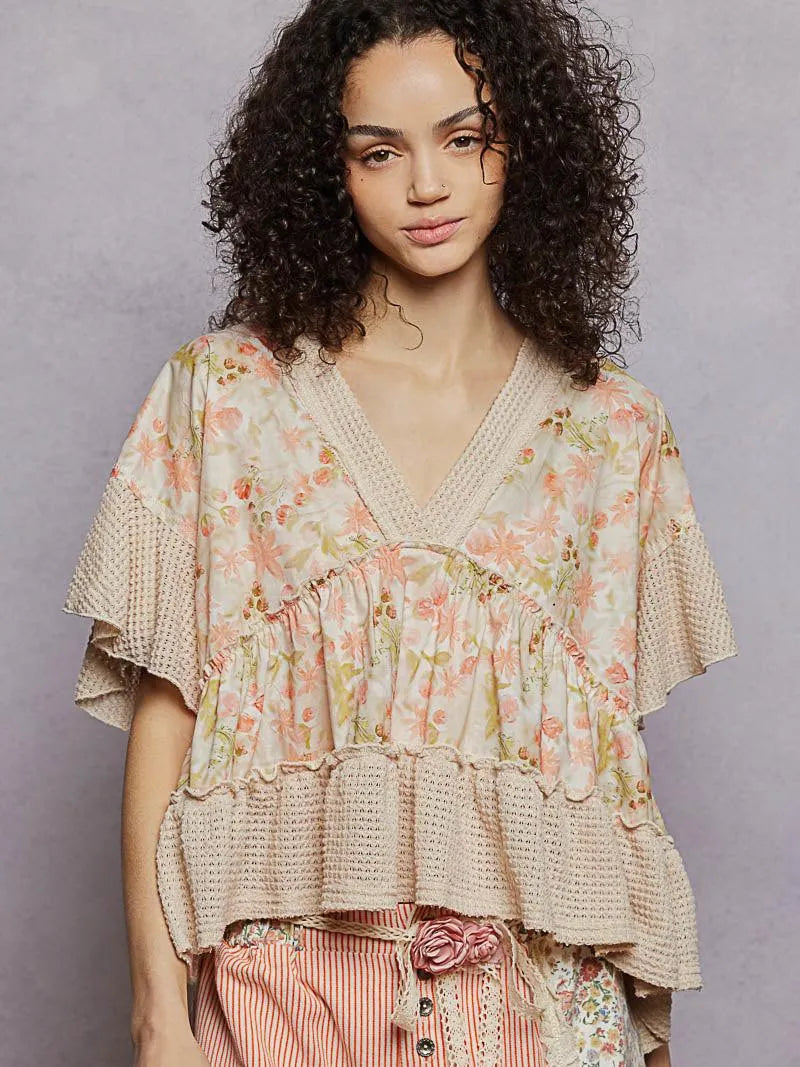 POL Almond Blossom Floral Print Blouse with Gentle Gathers-Women's Shirts & Tops-Shop Z & Joxa