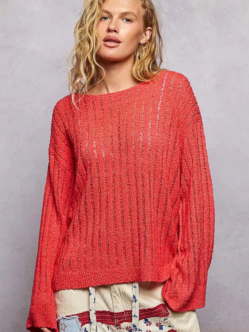 POL Apple Glow Round Neck Long Sleeve Open Weave Sweater-Shirts & Tops-Shop Z & Joxa