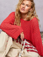 POL Apple Glow Round Neck Long Sleeve Open Weave Sweater-Shirts & Tops-Shop Z & Joxa