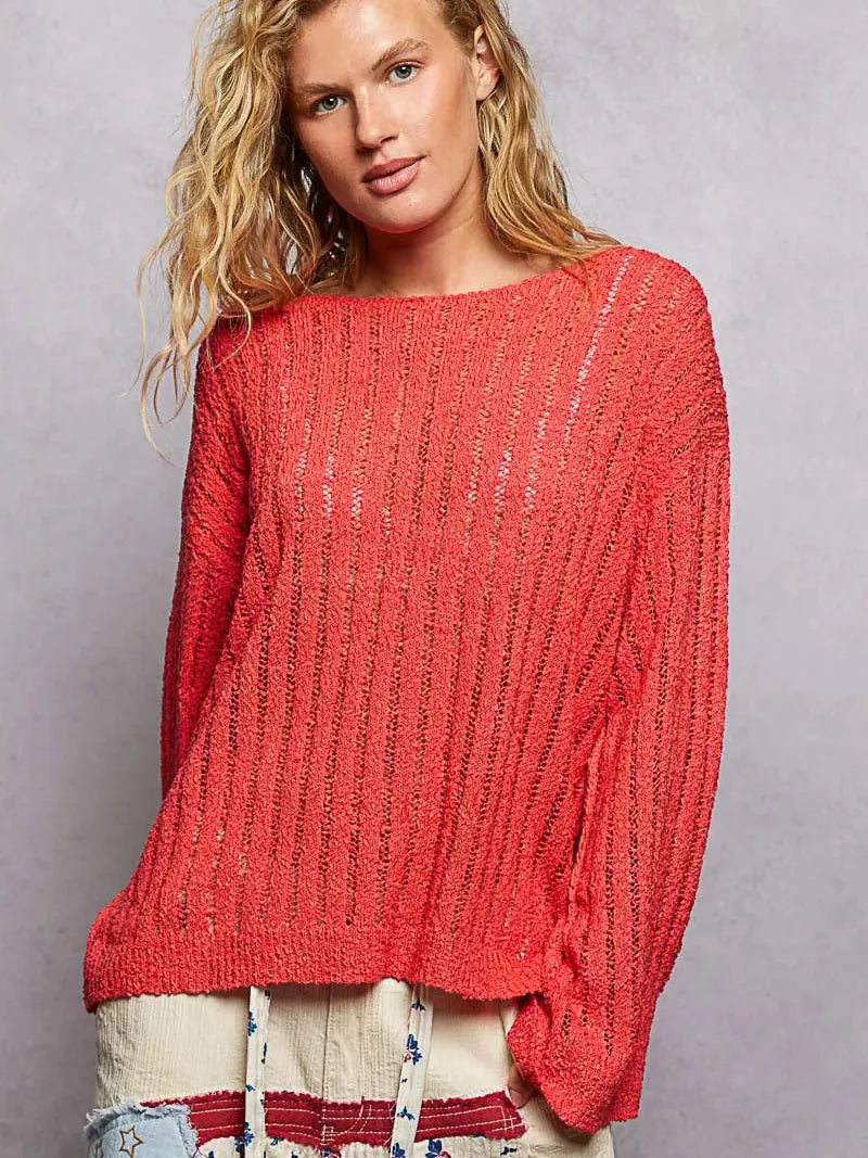 POL Apple Glow Round Neck Long Sleeve Open Weave Sweater-Shirts & Tops-Shop Z & Joxa