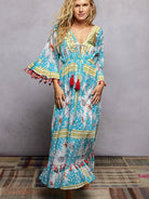 POL Aqua Breeze Bohemian Print Tassel Trim Maxi Dress-Women's Dresses-Shop Z & Joxa