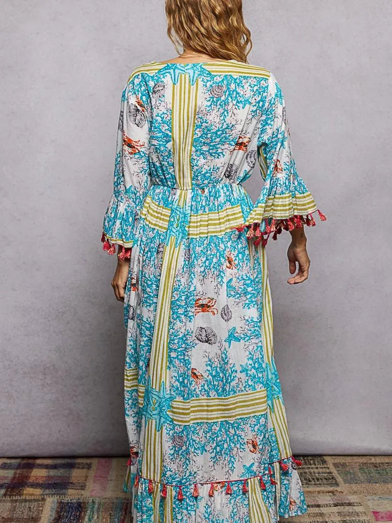 POL Aqua Breeze Bohemian Print Tassel Trim Maxi Dress-Women's Dresses-Shop Z & Joxa