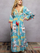 POL Aqua Breeze Bohemian Print Tassel Trim Maxi Dress-Women's Dresses-Shop Z & Joxa