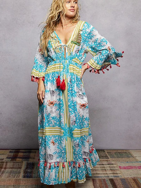 aqua printed maxi dress POL Aqua Breeze Bohemian Print Tassel Trim Maxi Dress S / Aqua