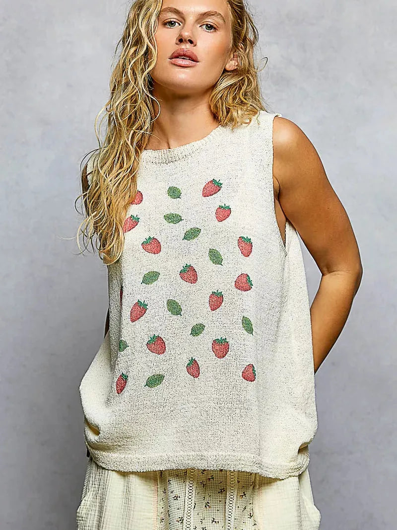 POL BerryDay Strawberry Print Sleeveless Sweater Top-Women's Shirts & Tops-Shop Z & Joxa