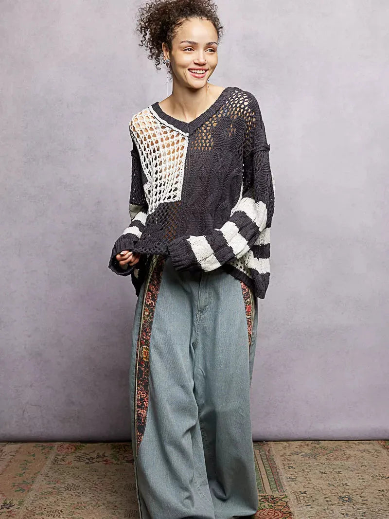 POL Black Mirage Color-Block Striped Twisted Weave Sweater-Women's Shirts & Tops-Shop Z & Joxa