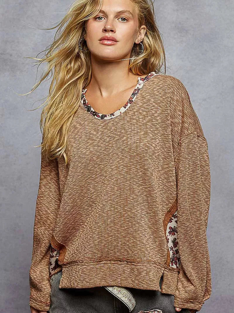 POL Bloom & Brew Oversized Sweater Top with Floral Trim-Women's Shirts & Tops-Shop Z & Joxa