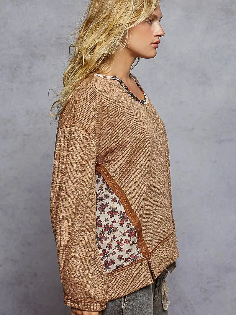 POL Bloom & Brew Oversized Sweater Top with Floral Trim-Women's Shirts & Tops-Shop Z & Joxa