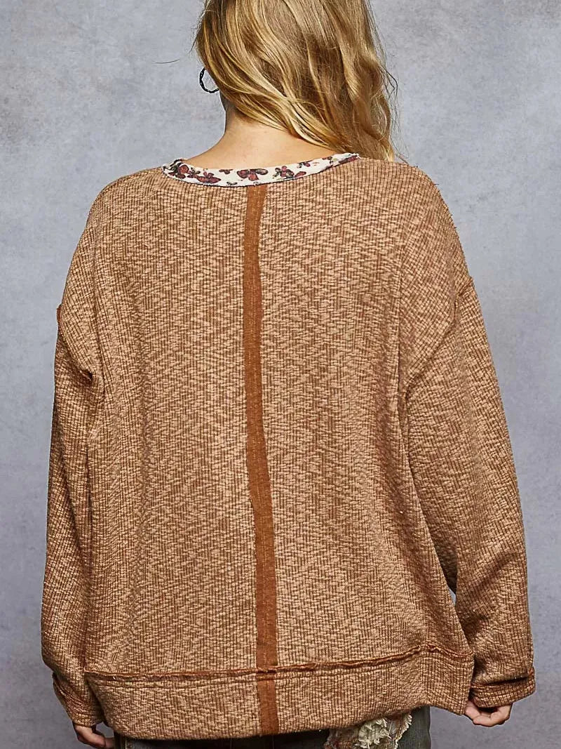 POL Bloom & Brew Oversized Sweater Top with Floral Trim-Women's Shirts & Tops-Shop Z & Joxa