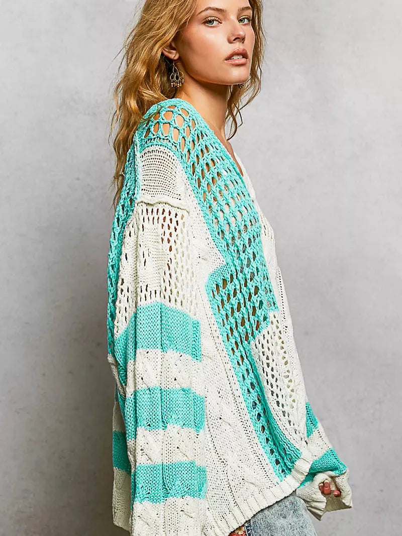 POL Blue Mirage Color-Block Striped Twisted Weave Sweater-Women's Shirts & Tops-Shop Z & Joxa