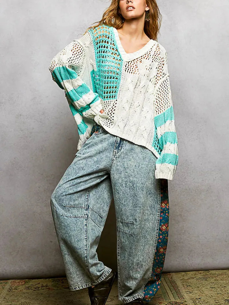 POL Blue Mirage Color-Block Striped Twisted Weave Sweater-Women's Shirts & Tops-Shop Z & Joxa